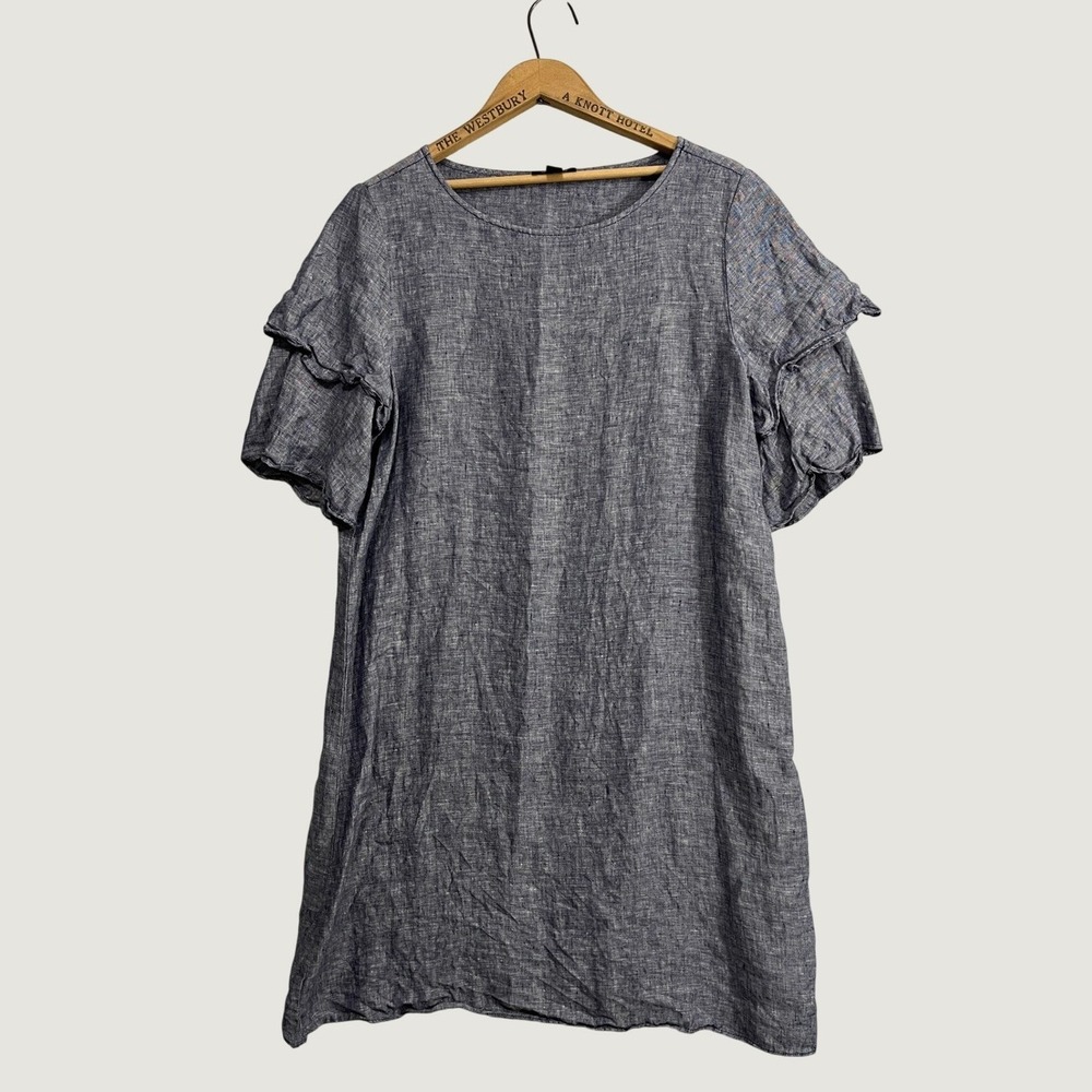 Lord & Taylor Blue 100% Linen Ruffle Tiered Sleeve Shift Dress Size Medium